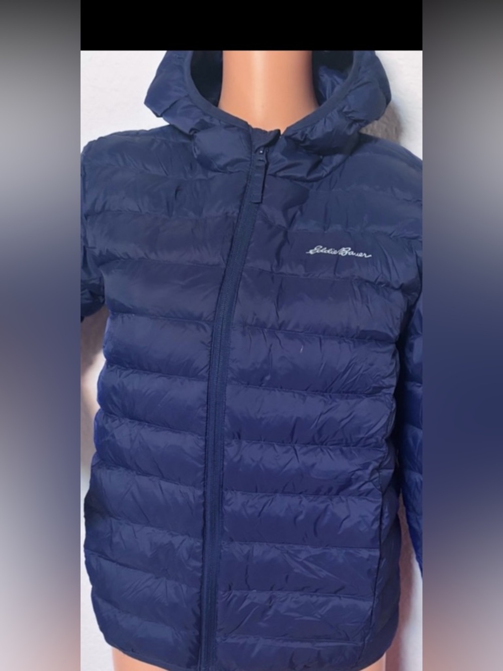Eddie Bauer Kids L 14 Blue Down Puffer Jacket Hooded Lightweight Packable Youth